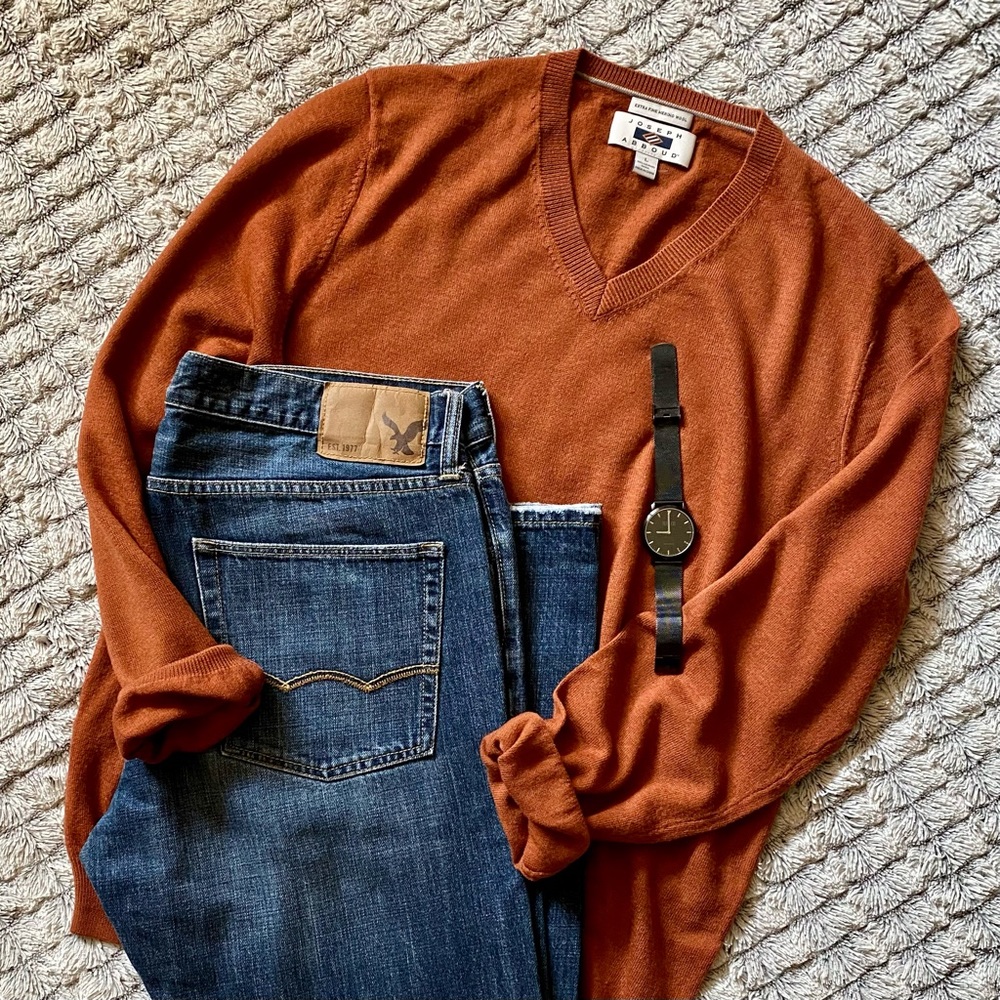 Joseph Abboud Rust V-Neck Merino Wool Sweater